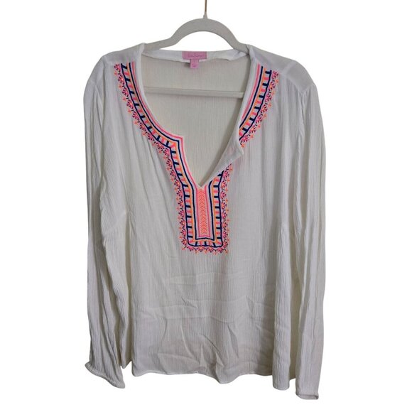 Lilly Pulitzer Dahle Embroidered Tunic Top White Neon Size L - Picture 2 of 7